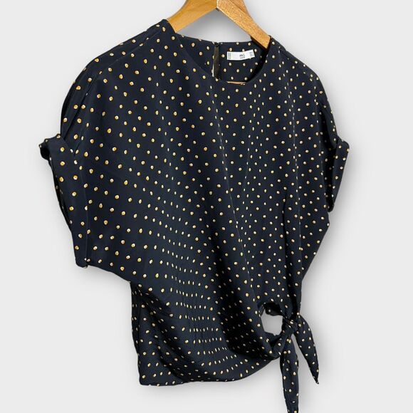 MNG Basics Women's Navy Polka Dot Cuffed Short Sleeve Tie Front Blouse Top Sz 4 - Picture 6 of 15